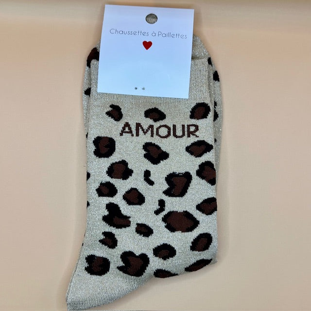 Chaussette à paillettes "Amour" - Léopard